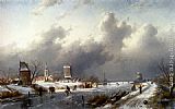 Charles Henri Joseph Leickert Canvas Paintings - A Frozen Winter Landscape With Skaters